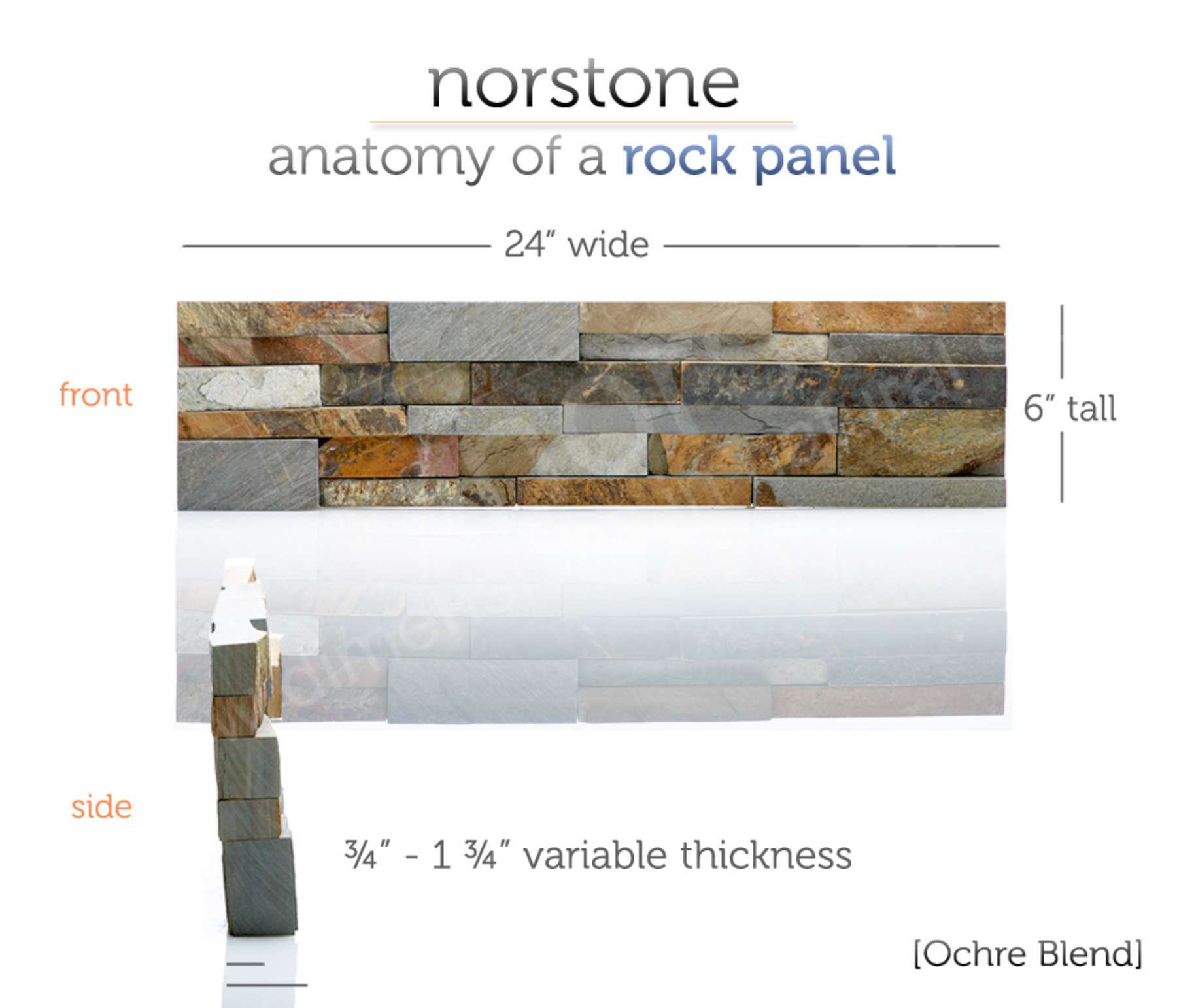 Detail of a Norstone Standard Series Rock Panel in Ochre Blend showing dimensions of lenght, height, and depth